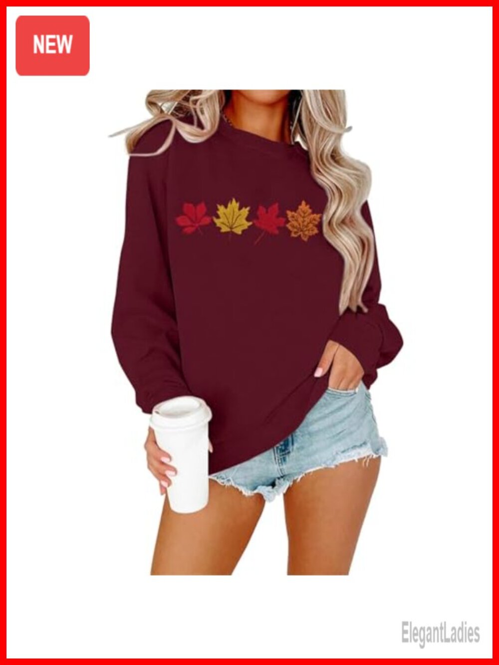 Women Fall Embroidered Maple Leaf Crewneck Sweatshirt Long Sleeve Pullover